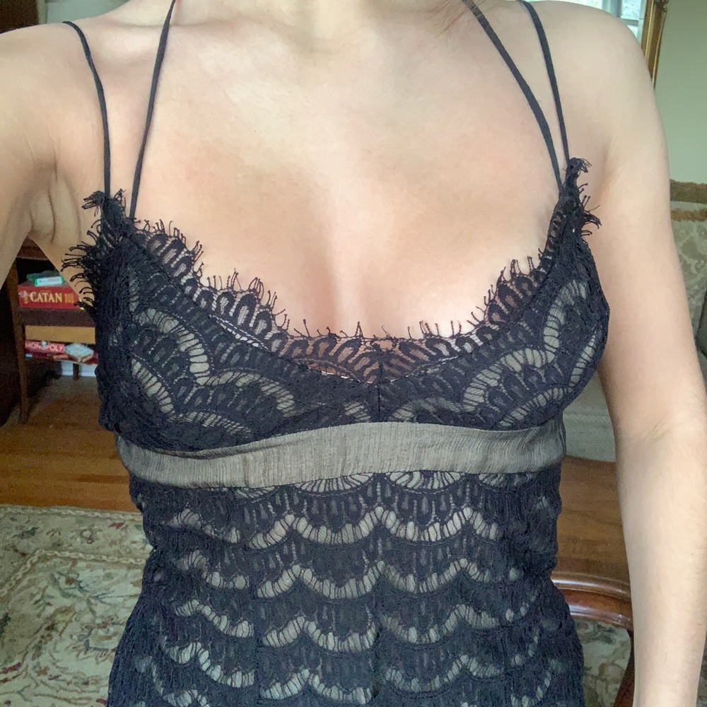 BCBG black lace tank top. Silk lined. size XS fits size Small too